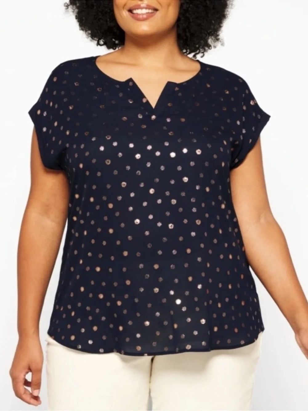 Full Moon Maternity Navy Blue  Gold Polka Dot Sleeveless Blouse Top Size M